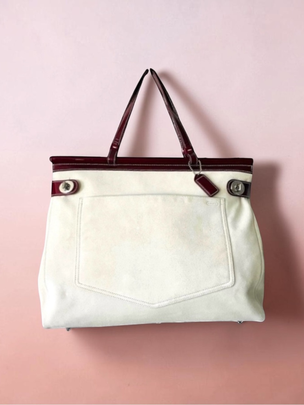 COACH SUEDE BORDEAUX PATENT LEATHER LARGE SATCHEL TURNLOCK
